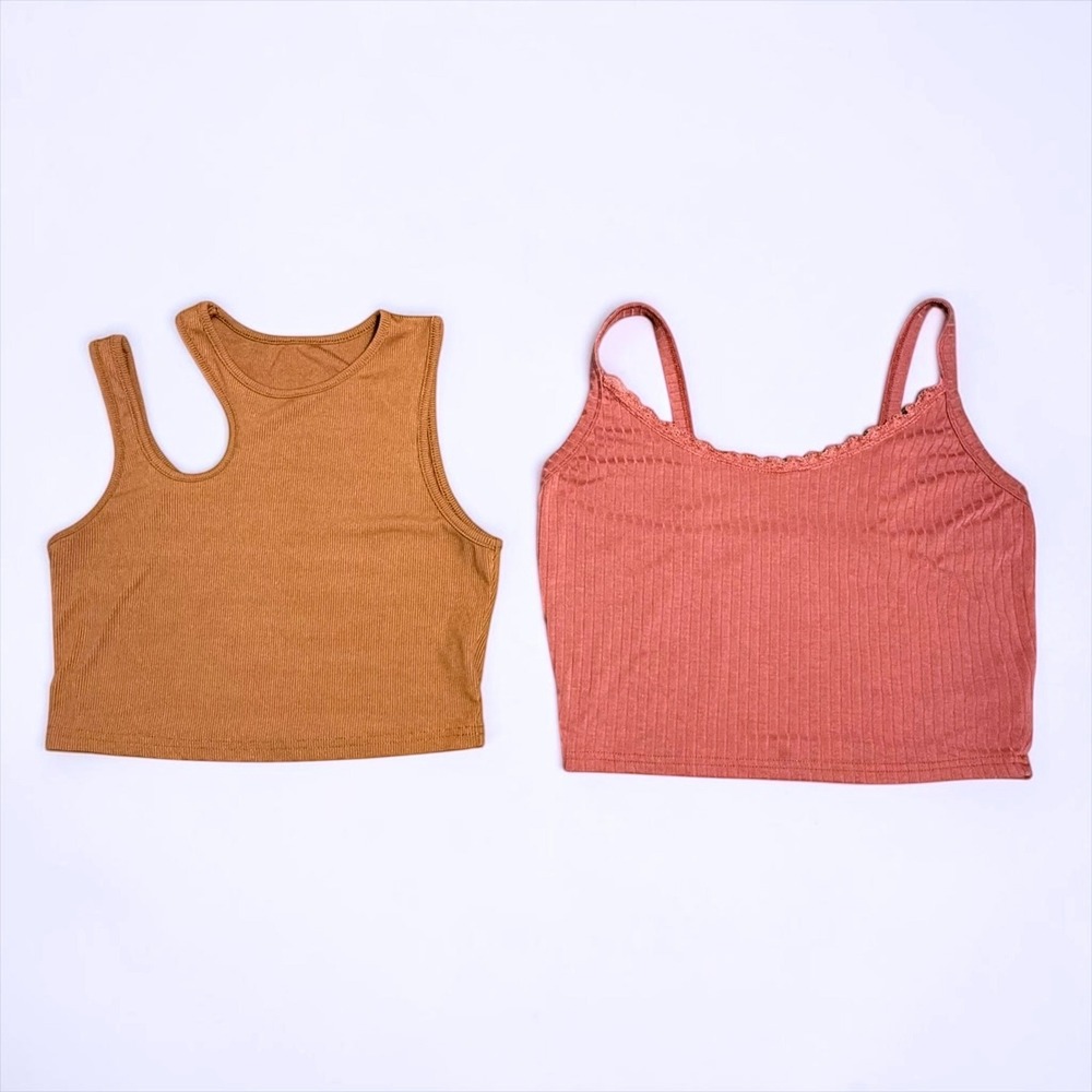 Shein Ribbed Crop Top Bundle Large Mustard Cutout Dusty Rose Lace Trim Camisole